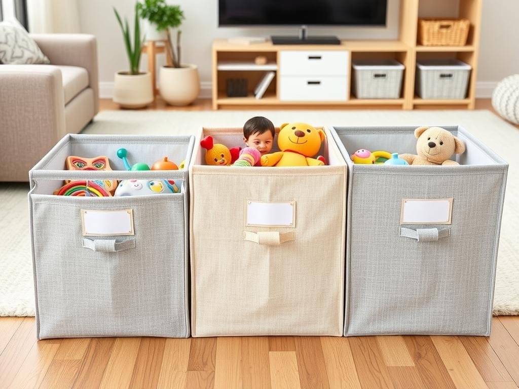 Labeled foldable storage bins organizing toys