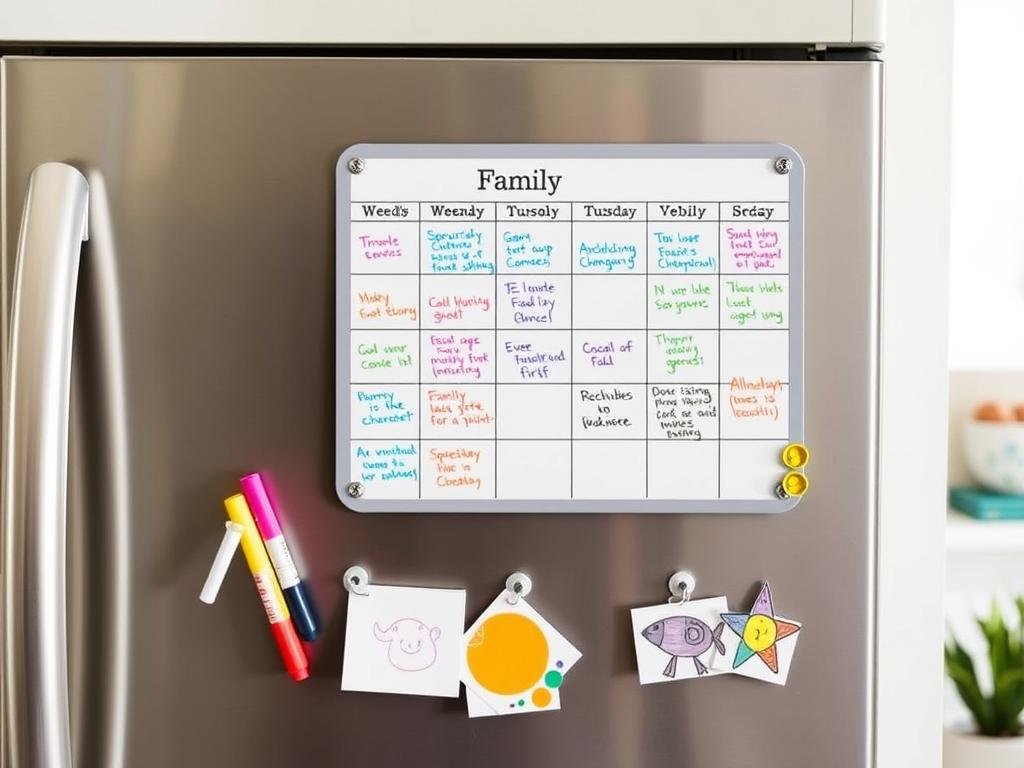 Magnetic whiteboard calendar on refrigerator