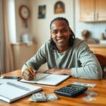Person organizing budget with simple tools on kitchen table