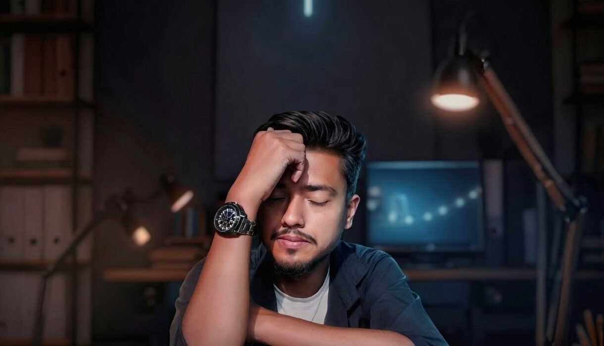 A man sitting at a desk in a dark room